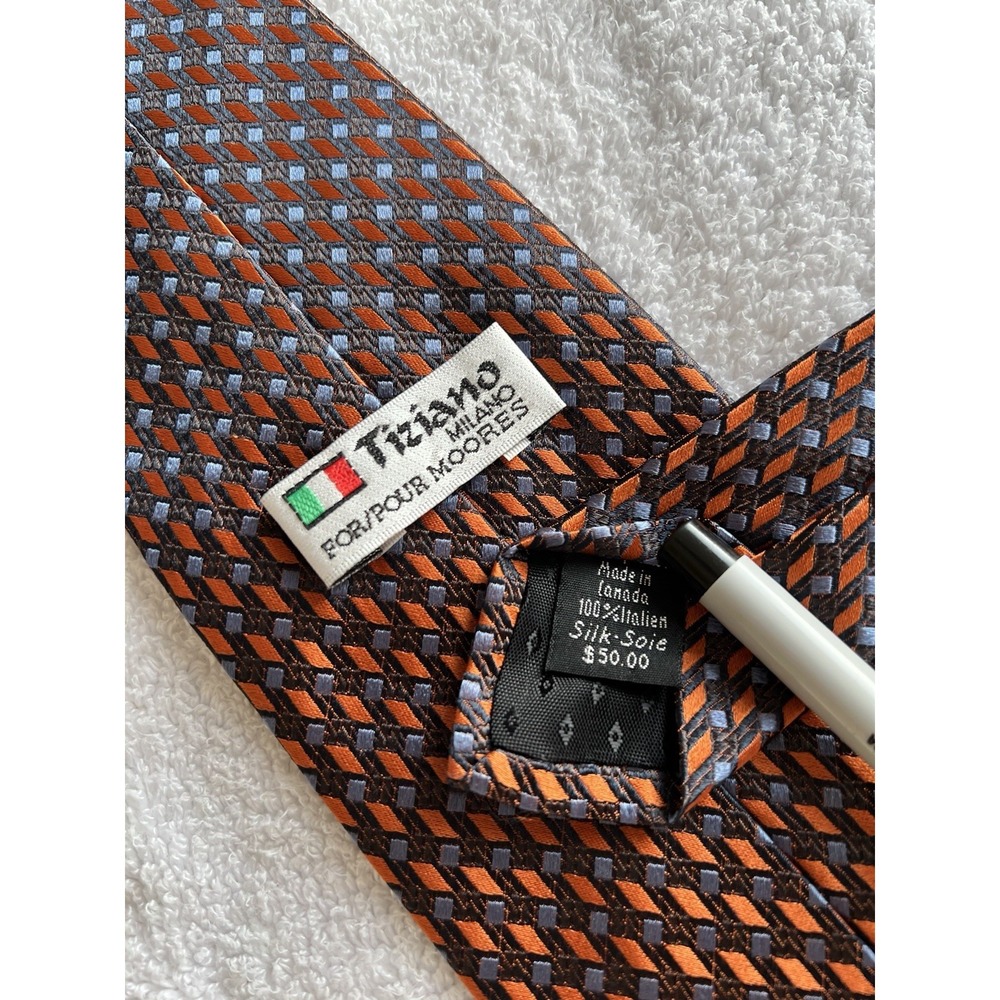 Tiziano Milano Moores Vintage Blue Orange Geometric Woven Jacquard Tie Necktie